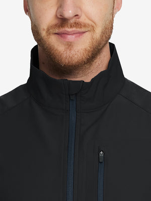 Front upper body view of windproof golf vests with zip pockets, lightweight fit in black