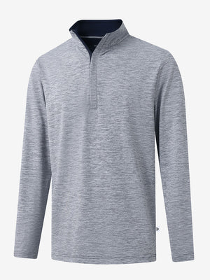 Heather Pinstripe Brushed Dry Fit Quarter Zip Pullover in navy, front chest detail showing brushed fabric and pinstripe texture