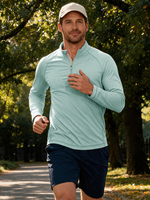 Model outdoor sports activity shooting scene, dry fit athletic 1/4 zip sweatshirt in light green heather