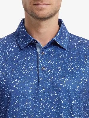 MAELREG Men's Performance Jersey Print Polo – Front chest view in Blue Molecular Structure