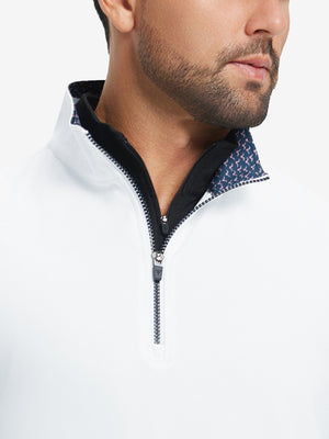 Close-up from nose to chest, showing collar detail and zipper of the white golf vest.