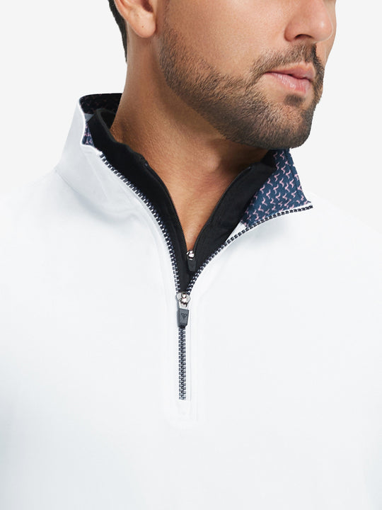 Close-up from nose to chest, showing collar detail and zipper of the white golf vest.