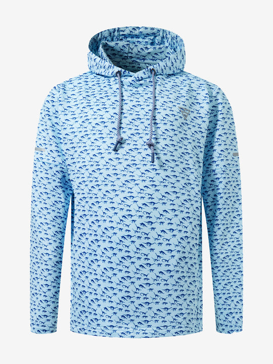 Front 3D view of youth full print hoodies pullover showing detailed fabric and fit, blue dinosaur.