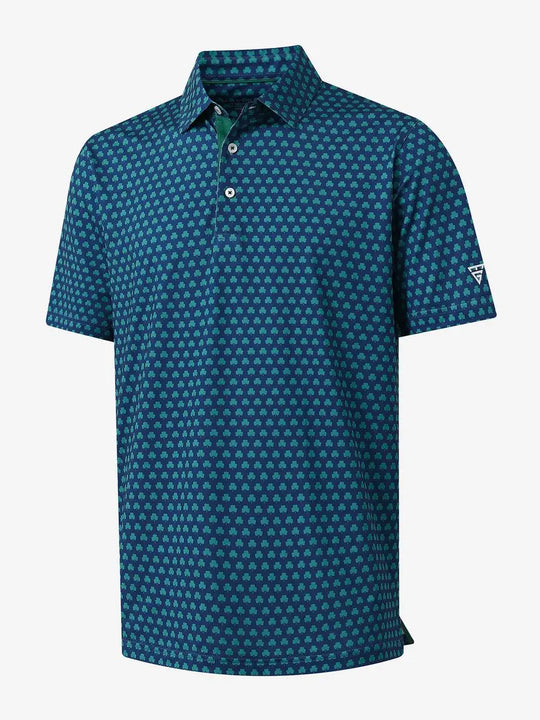 3D view of MAELREG Performance Jersey Print Polo in Four Leaf Clover – breathable golf fabric
