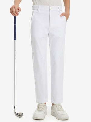Boys Stretch Fleece Lined Casual Golf Pants in white, front lower body view with golf club