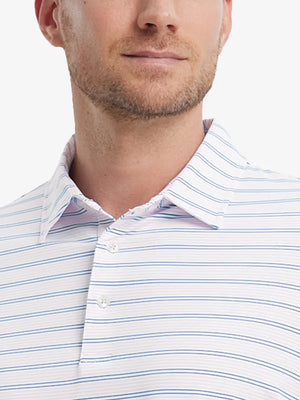 Light Pink Cobalt Stripe Performance Stripe Golf Shirt – close-up front from model’s nose to chest