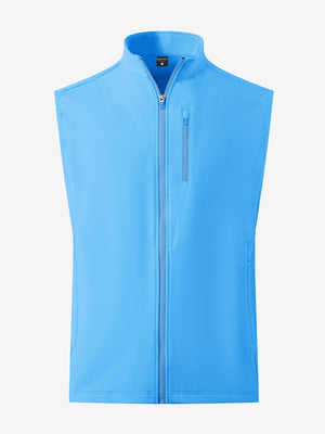 Water-resistant fleece golf vests in sky blue, front 3D view highlighting clean structure and fabric