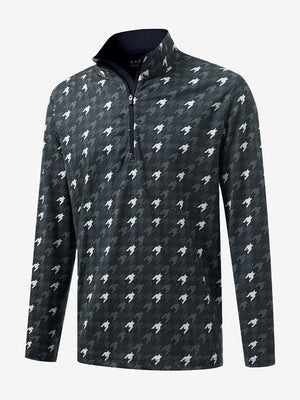 3D front view of the full print quarter zip pullover in grey houndstooth, showcasing bold and modern style.