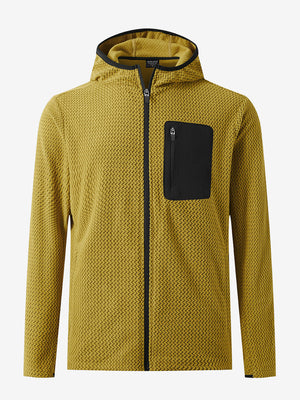 3D front view of full zip fleece hoodied jacket in yellow, showing soft texture and sleek cut.