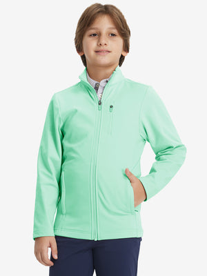 Model wearing kids soft lightweight fleece lined jacket in turquoise, showcasing front half-body view.