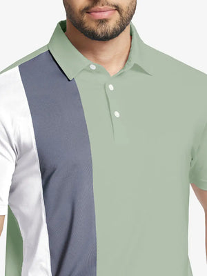 Front half-body view from nose to chest of model wearing CANARY GREEN Moisture Wicking Color Block Polo Shirt.