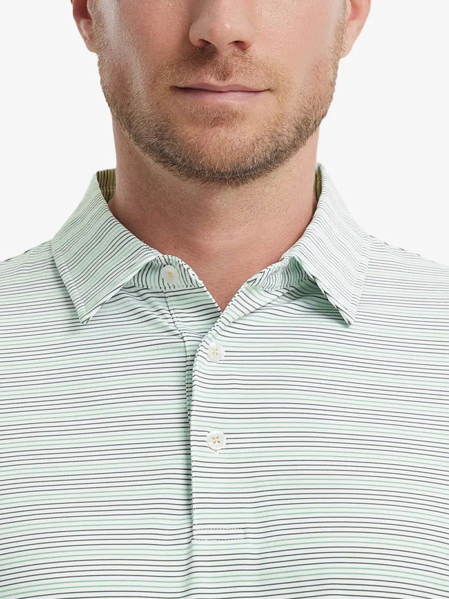 Olive Green Beryl Green Performance Stripe Golf Shirt – close-up front from model’s nose to chest