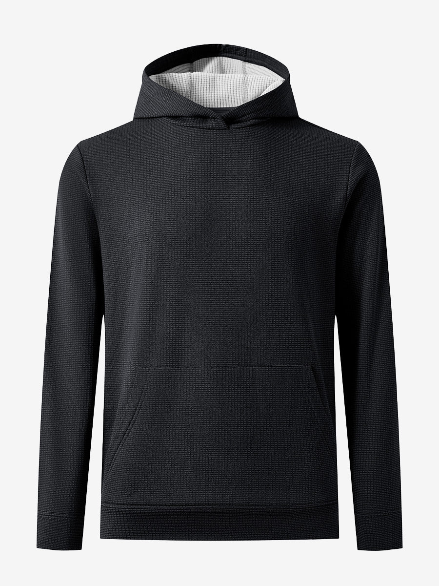 Front 3D view of warm fleece golf hoodies pullover in  black, showing full garment design.
