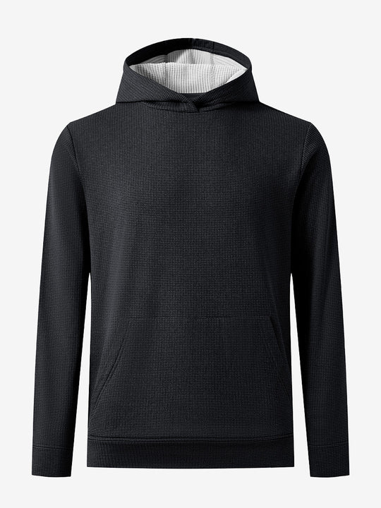 Front 3D view of warm fleece golf hoodies pullover in  black, showing full garment design.