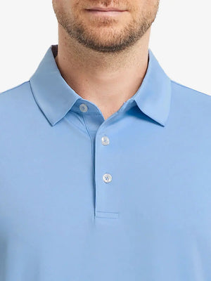 Close-up front (nose to chest) of Everyday Solid Jersey Polo in LIGHT BLUE, showing soft fabric texture.