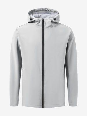 Water-resistant heat-tech softshell winter jacket with hood in light grey, clean 3D front view.