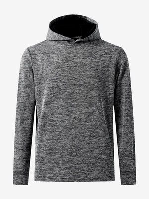 3D front image of texture solid hoodies pullover highlighting simple design and smooth fabric, black heather.