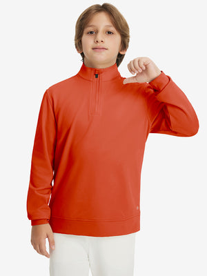 Youth Winter Micro-fleece Quarter Zip Pullover in orange, youth model front upper body view