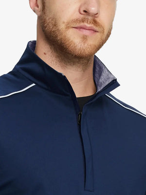 Front half-body view from nose down of model wearing NAVY Stretch Solid Fleece Quarter-Zip Vest.								
