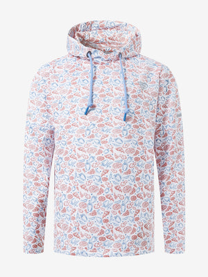 Front 3D view of youth full print hoodies pullover showing detailed fabric and fit, white pizza.