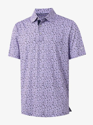 3D view of MAELREG Performance Jersey Print Polo in Lavender Seaside Palm – breathable golf fabric
