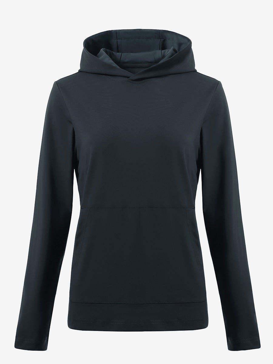 3D front view of women's lightweight hoodies pullover in dark grey, showing clean and sporty look.
