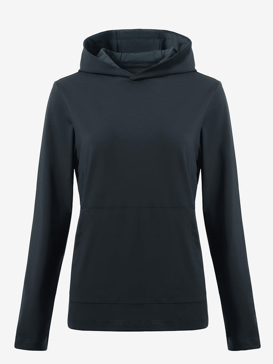 3D front view of women's lightweight hoodies pullover in dark grey, showing clean and sporty look.