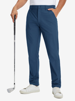 Lightweight flat front casual trousers in blue indigo, front lower-body view with a clean tailored fit.