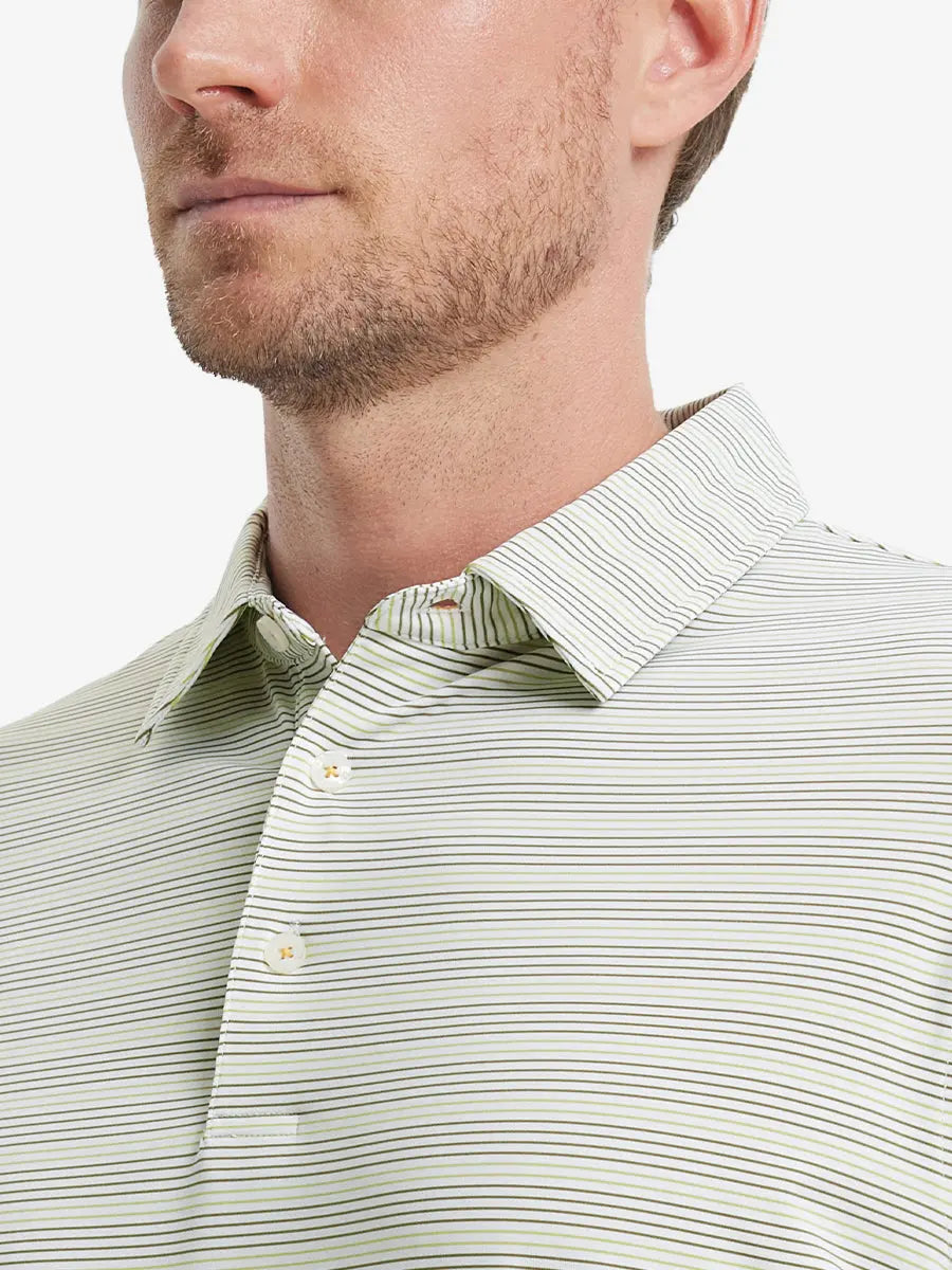 Olive Green Grass Green Performance Stripe Golf Shirt – close-up front from model’s nose to chest
