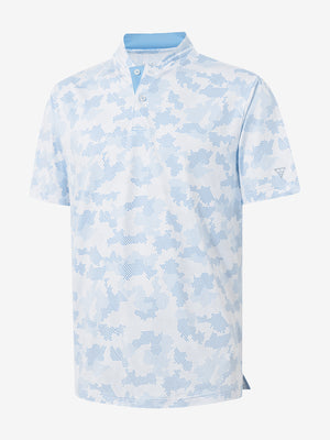3D view of sky blue camo stretch printed collarless henley golf shirts.
