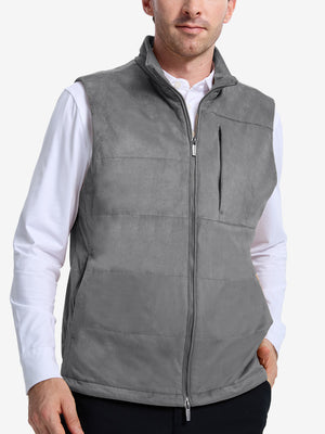 Front view of model showcasing neutral grey classic micro suede leather puffer vest
