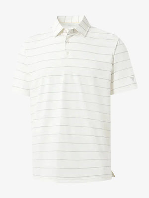 Front 3D view of trendy boys stripe polo shirts, clean structure and modern beige stripe look