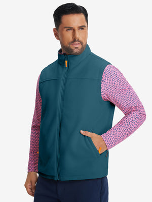 Model's front half-body shot with one hand in the pocket, wearing dark blue windproof fleece reversible golf vest.