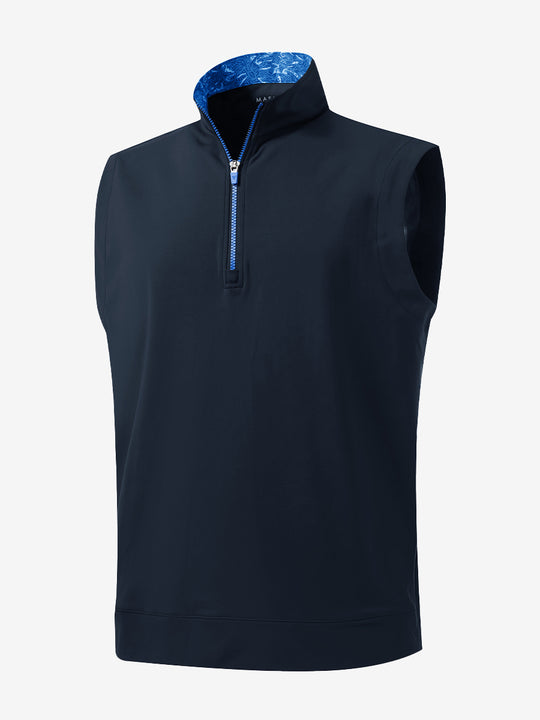 3D front view of the print collar quarter zip golf vest in navy, sleek and sporty design.