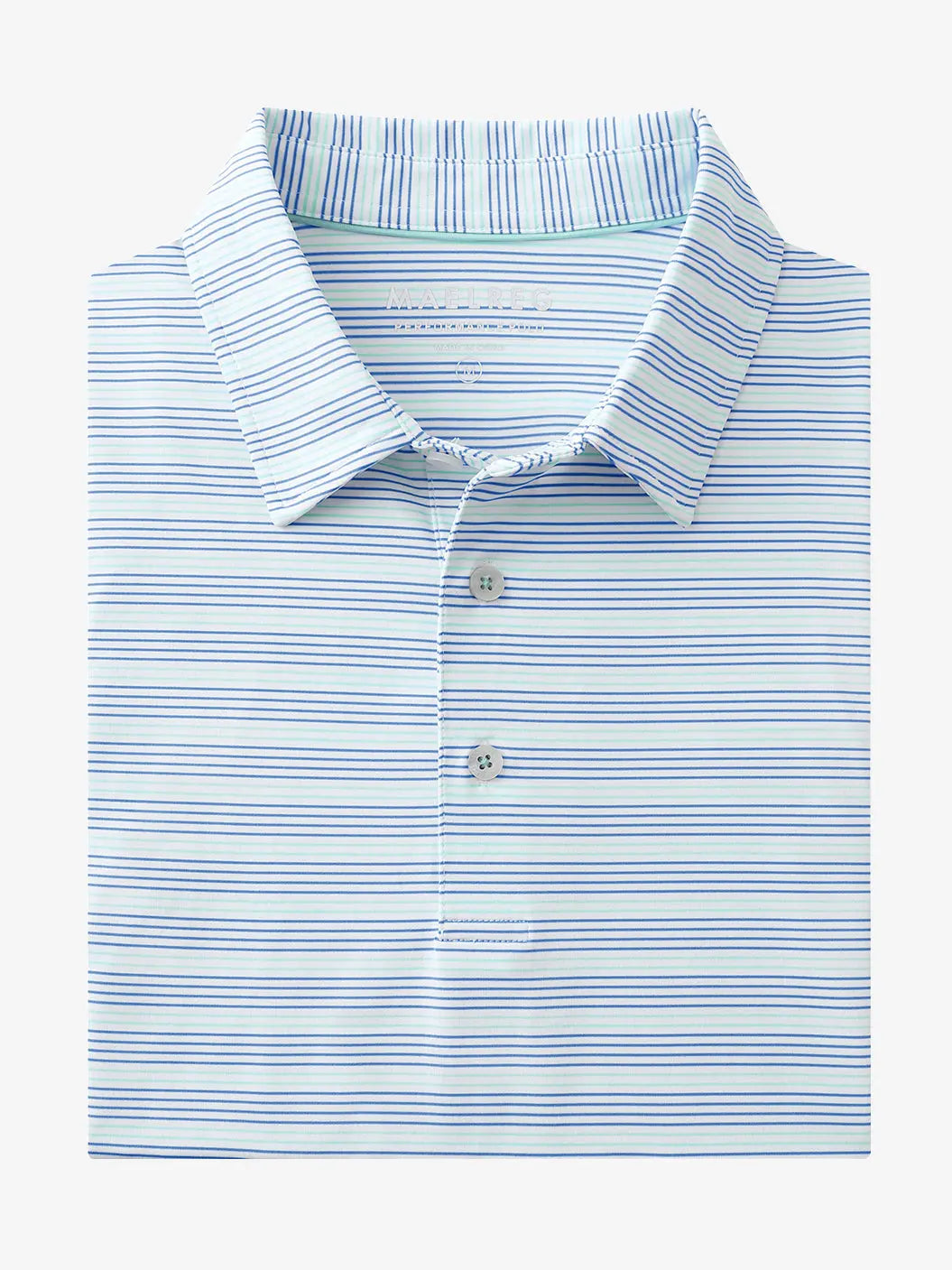 Folded Bluish Violet Light Blue Performance Stripe Golf Shirt shown flat