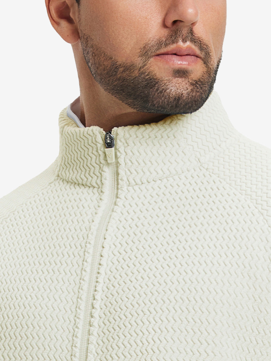 Close-up from nose to chest, highlighting collar detail of soft winter fleece jackets in beige.