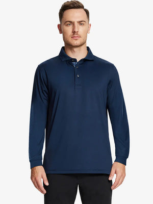 Front half-body view of model wearing NAVY Long Sleeve Solid Jersey Polo