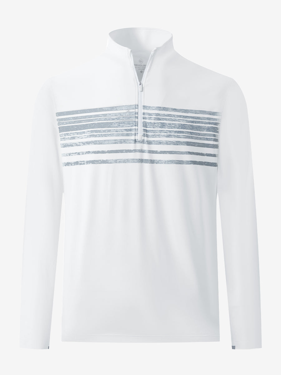 3D front view of the lightweight golf quarter zip pullover in white navy stripe, clean and athletic design.