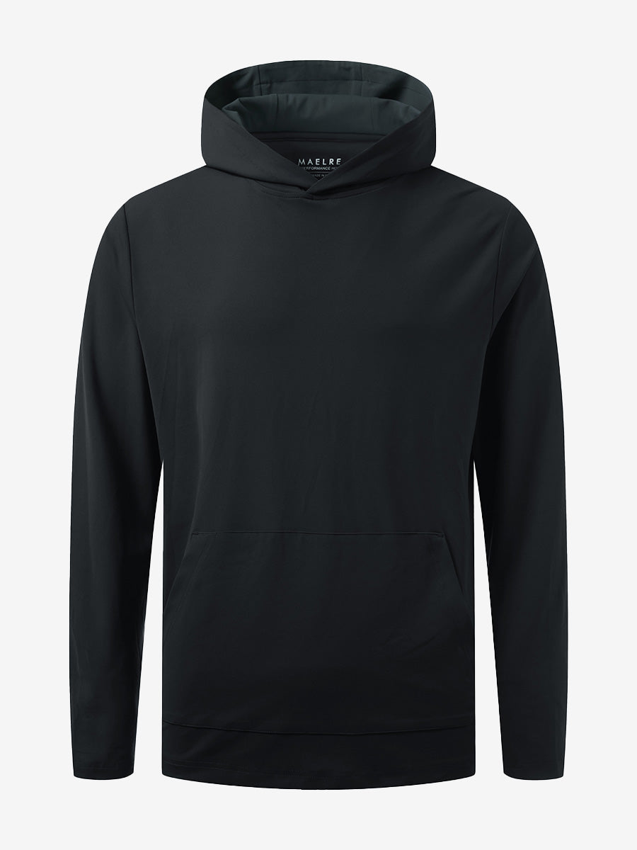 3D front view of the dry fit stretchy sweatshirts hoodie in black, sleek and flexible design.