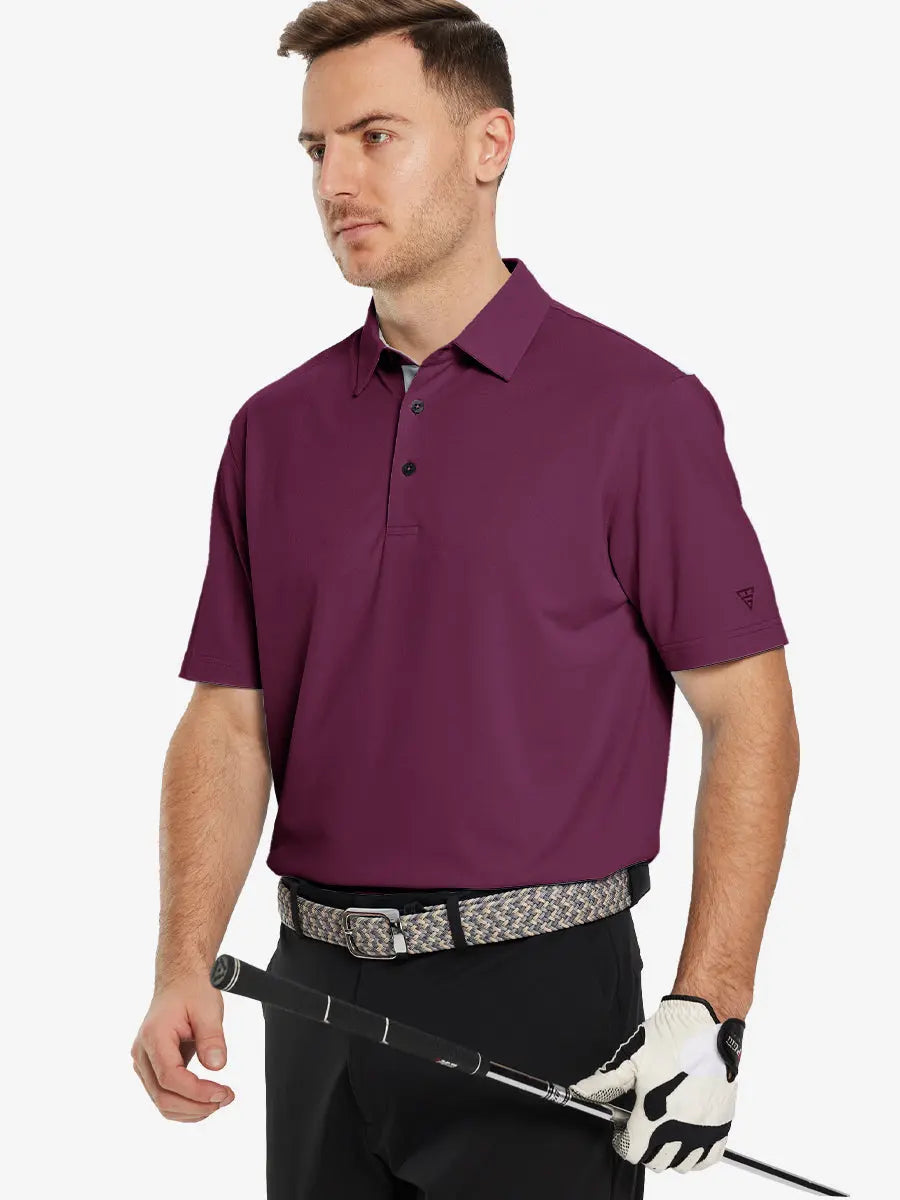 Half-body front pose with golf club in BORDEAUX RED Ventilated Pique Performance Polo