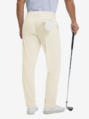Back view of soft lightweight casual golf pants with 5 pockets, clean fit and structure in khaki light.