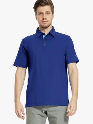 Front half-body view of male model in the Klein Blue Everyday Classic Solid Polo, standing still