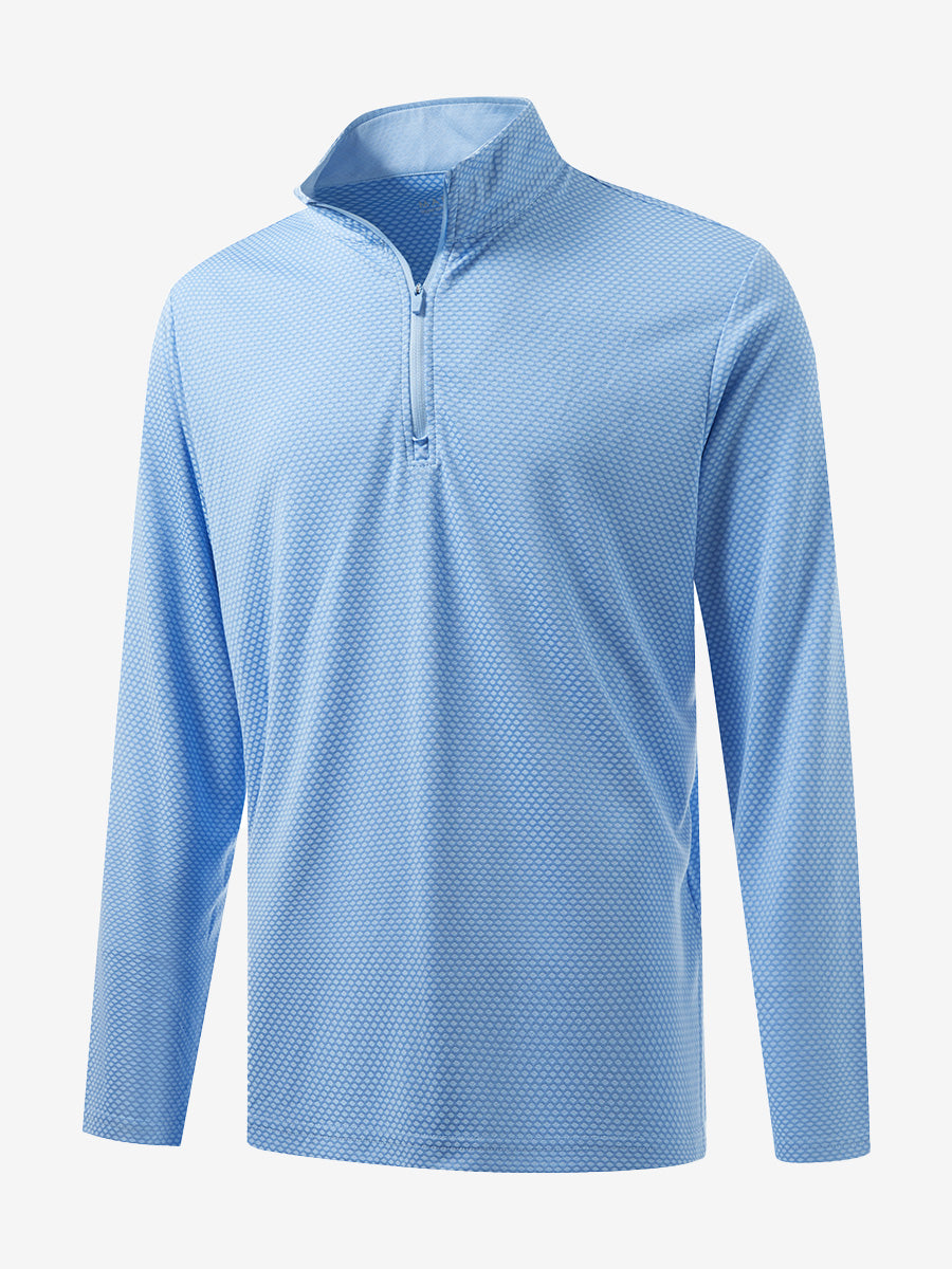 Front 3D view of jacquard quarter zip pullover in light blue, showing its textured fabric design.