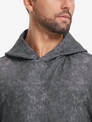Close-up of neckline and drawstring area of the exclusive print kangaroo hoodies in grey.
