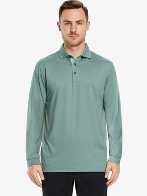 Front half-body view of model wearing BERYL GREEN Long Sleeve Solid Jersey Polo