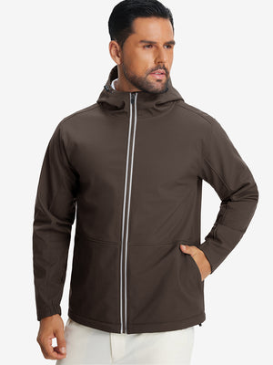 Model wearing reflective hooded softshell jacket, coffee brown, front upper-body with a sleek fit.