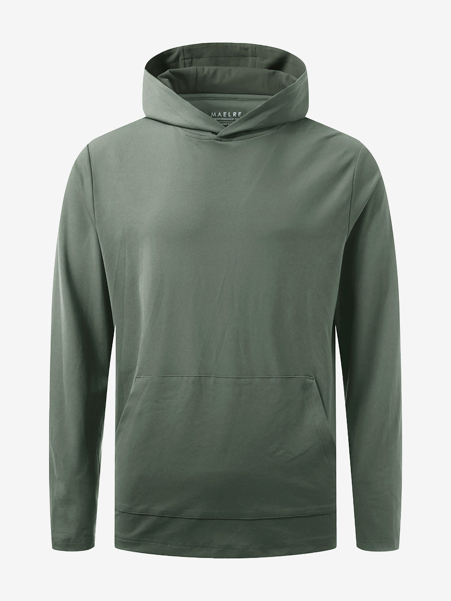 3D front view of the dry fit stretchy sweatshirts hoodie in olive green, sleek and flexible design.