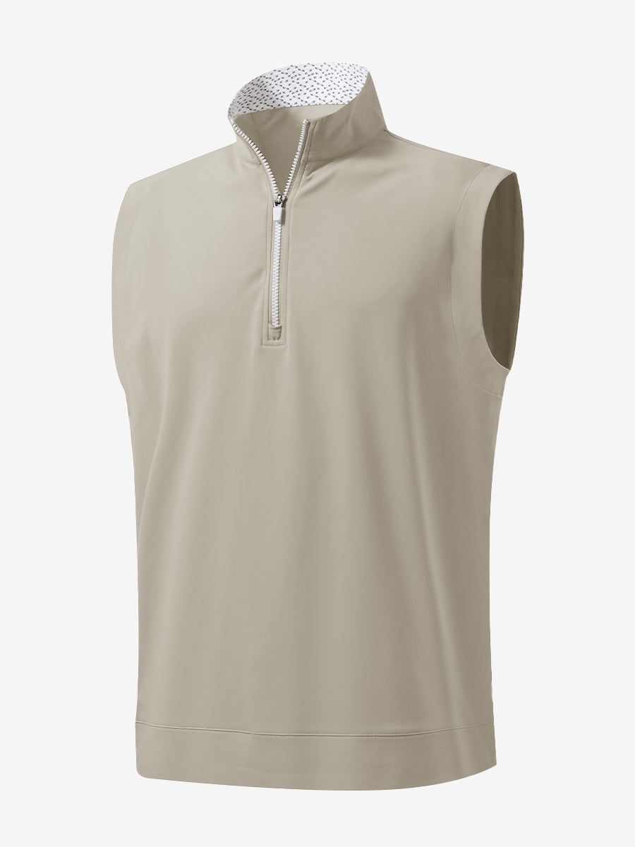 3D front view of the print collar quarter zip golf vest in khaki light, sleek and sporty design.