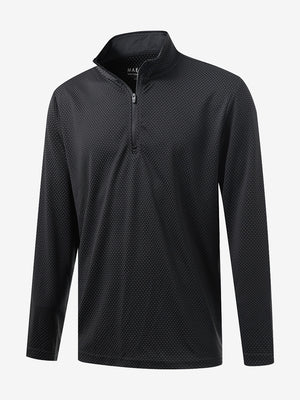 Front 3D view of jacquard quarter zip pullover in dark grey/black, showing its textured fabric design.