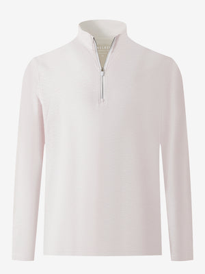 3D front view of the full print quarter zip pullover in orange line, showcasing bold and modern style.